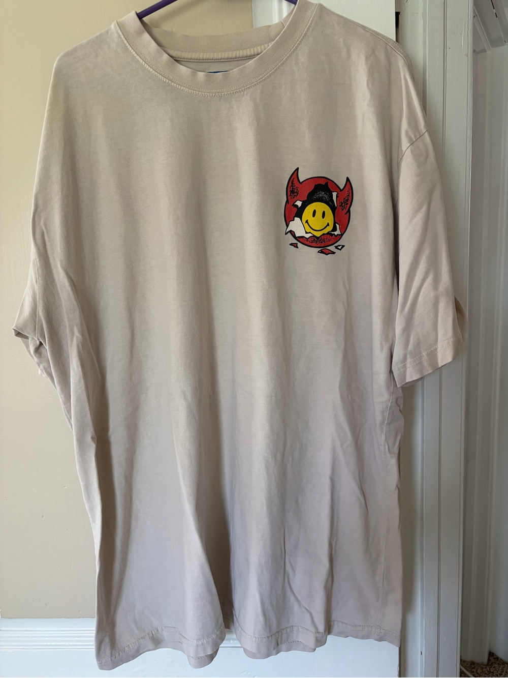 Market Men’s Cream Short-Sleeve Tee with Red and Yellow Devil Smiley Patch